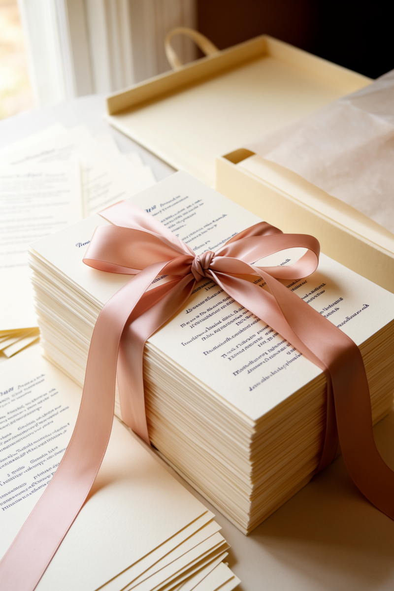 Ribbon-tied letters ready to post